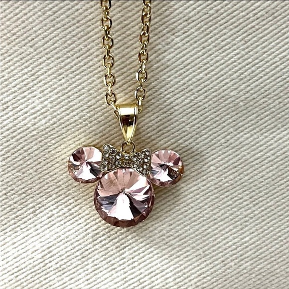 Disney Necklace: Minnie Mouse Ears Charm Necklace Gold w/ Pink Diamond Simulants - Picture 4 of 6